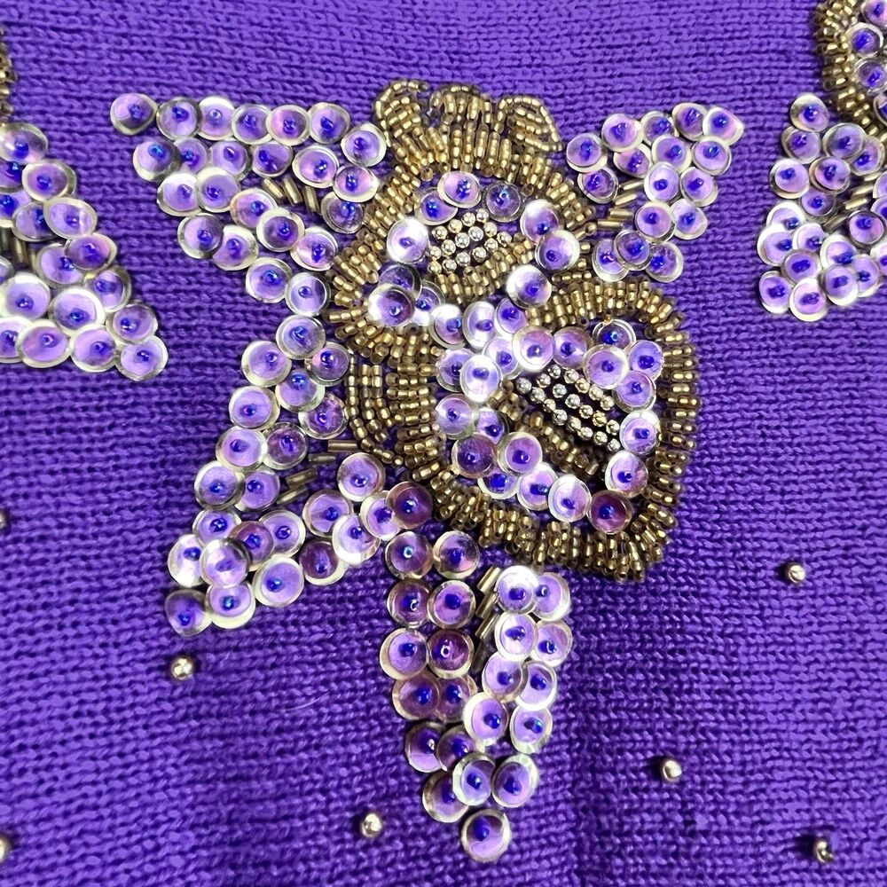 Vintage Dana Scott Amethyst Beaded Sweater Floral Knit Women S - Picture 4 of 16